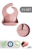 2'li Silikon Bebek Beslenme Seti - Vakumlu Tabak, Ayarlanabilir Silikon Mama Önlüğü, Pembe