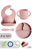 4'lü Silikon Beslenme Seti - Mama Önlüğü, Mama Kaşığı, Kulplu Bardak, Vakumlu Tabak, Pembe