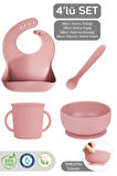4'lü Silikon Bebek Beslenme Seti- Vakumlu Kase - Mama Önlüğü - Kulplu Bardak - Kaşıyıcı Kaşık -Pembe