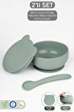 2'li Bebek Beslenme Seti - Vakumlu Silikon Kapaklı Mama Kasesi - Diş Kaşıyıcı Mama Kaşığı - Yeşil