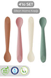 4'lü Silikon Mama Kaşığı - Diş Kaşıyıcı Bebek Beslenme Kaşığı Silikon Kaşık Kahve, Pembe, Bej, Yeşil