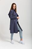 SASHA MODA TRENÇKOT İNDİGO XL - Soft Kumaş Uzun Kol Gömlek Yaka Kemerli Kadın Trençkot