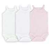 Novibaby 3'lü 9-12 Ay Jakarlı İp Askılı Beyaz Ekru Pembe Bebek Atlet Body Zıbın Çıtçıtlı 100% Pamuk 