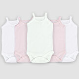 Novibaby 5'li 0-3 Ay Jakarlı İp Askılı Beyaz Ekru Pembe Bebek Atlet Body Zıbın Çıtçıtlı 100% Pamuk 