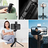 BUFFER® Kendiliğinden LED Işıklı Kumandalı Uzayabilen Selfie Çubuğu,Masa Üstü Tripod 