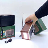 BUFFER® Küçük Boy Retro, Nostaljik, Ahşap Tasarım Bluetooth Hoparlörlü, Şarjlı, Taşınabilir Yanı LED