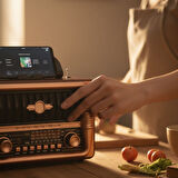 BUFFER® Büyük Boy Telefon Tutma Aparatlı Retro Ahşap Tasarım Bluetooth Hoparlörlü Radyo – FM/AM Dest