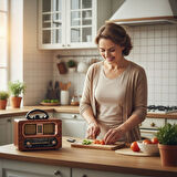 BUFFER® Büyük Boy Retro, Nostaljik, Ahşap Tasarım Bluetooth Hoparlörlü, Şarjlı, Taşınabilir FM/AM De