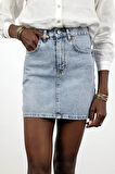 Buz Mavi Taşlı Denim Mini Etek 