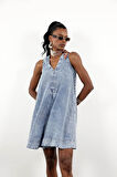 Mavi V Yaka Çan Kesim Denim Elbise 00772