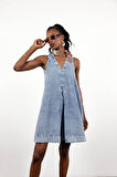 Mavi V Yaka Çan Kesim Denim Elbise 00772