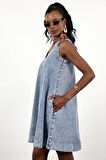 Mavi V Yaka Çan Kesim Denim Elbise 00772