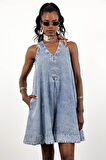 Mavi V Yaka Çan Kesim Denim Elbise 00772