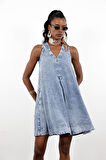 Mavi V Yaka Çan Kesim Denim Elbise 00772