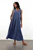 Lacivert V Yaka Tencel Elbise 036