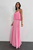 Pembe Piliseli Şifon Elbise 00778