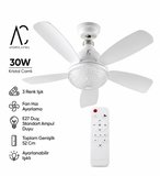 30W Kristal Camlı Tavan Vantilatörü | E27 Duy | Kumandalı | 3 Renk Ayarlanabilir LED | 52 cm Beyaz