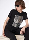 Fabrika Bisiklet Yaka Varaklı Siyah Kadın T-Shirt F4SL-TST0289