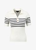 Fabrika Polo Yaka Basic Çizgili Ekru - Lacivert Kazak Kadın F4SL-KZK0500