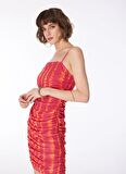 Fabrika Straplez Yaka Batik Pembe - Turuncu Midi Kadın Elbise F4SL-ELB0808