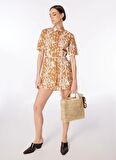 Fabrika Gömlek Yaka Desenli Kahverengi - Beyaz Mini Elbise F4SL-ELB0812