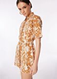 Fabrika Gömlek Yaka Desenli Kahverengi - Beyaz Mini Elbise F4SL-ELB0812