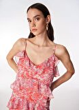 Fabrika V Yaka Desenli Pembe Mini Kadın Elbise F4SL-ELB0451