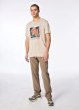 Bej Bisiklet Yaka Relaxed Baskılı T-Shirt D4SM-TST3280
