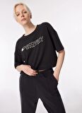 Siyah Kadın Bisiklet Yaka Oversize Baskılı T-Shirt D4SL-TST3043