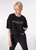 Siyah Kadın Bisiklet Yaka Oversize Baskılı T-Shirt D4SL-TST3043