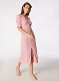 V Yaka Desenli Pembe Midi Kadın Elbise SPBF4SL-ELB5506