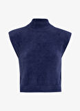 Fabrika Dik Yaka Crop Düz Lacivert Kazak Kadın F4WL-KZK0391