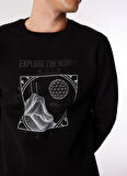 Siyah Erkek Bisiklet Yaka Relaxed Fit Baskılı Sweatshirt D4WM-SWT3270