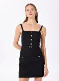 Fabrika Kare Yaka Düz Siyah Mini Kadın Elbise F5SL-ELB0128