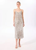 Fabrika V Yaka Payetli Bej Midi Kadın Elbise F5SL-ELB0276