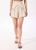 Bej Kadın Relaxed Piliseli Şort F5SL-SHT0403