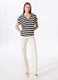 Fabrika Comfort V Yaka Çizgili Siyah - Ekru Kadın T-Shirt FC5SL-TST0214