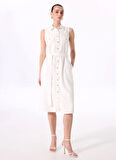 Fabrika Gömlek Yaka Düz Beyaz Diz Altı Kadın Elbise F5SL-ELB0015
