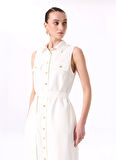 Fabrika Gömlek Yaka Düz Beyaz Diz Altı Kadın Elbise F5SL-ELB0015