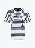 Fabrika Bisiklet Yaka Çizgili Ekru - Lacivert Kadın T-Shirt F5SL-TST0109