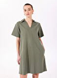 Fabrika Comfort Gömlek Yaka Düz Haki Kısa Kadın Elbise FC5SL-ELB0265