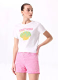 Fabrika Bisiklet Yaka Baskılı Beyaz Kadın T-Shirt F5SL-TST0430