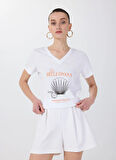 Fabrika V Yaka Baskılı Beyaz Kadın T-Shirt F5SL-TST0464