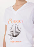 Fabrika V Yaka Baskılı Beyaz Kadın T-Shirt F5SL-TST0464