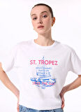 Fabrika Bisiklet Yaka Baskılı Beyaz Kadın T-Shirt F5SL-TST0462