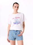 Fabrika Bisiklet Yaka Baskılı Beyaz Kadın T-Shirt F5SL-TST0462