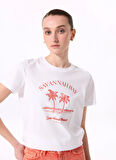 Fabrika Bisiklet Yaka Baskılı Beyaz Kadın T-Shirt F5SL-TST0445