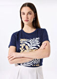Fabrika Bisiklet Yaka Baskılı Lacivert Kadın T-Shirt F5SL-TST0451