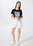 Fabrika Bisiklet Yaka Baskılı Lacivert Kadın T-Shirt F5SL-TST0451