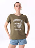 Fabrika Bisiklet Yaka Baskılı Haki Kadın T-Shirt F5SL-TST0448